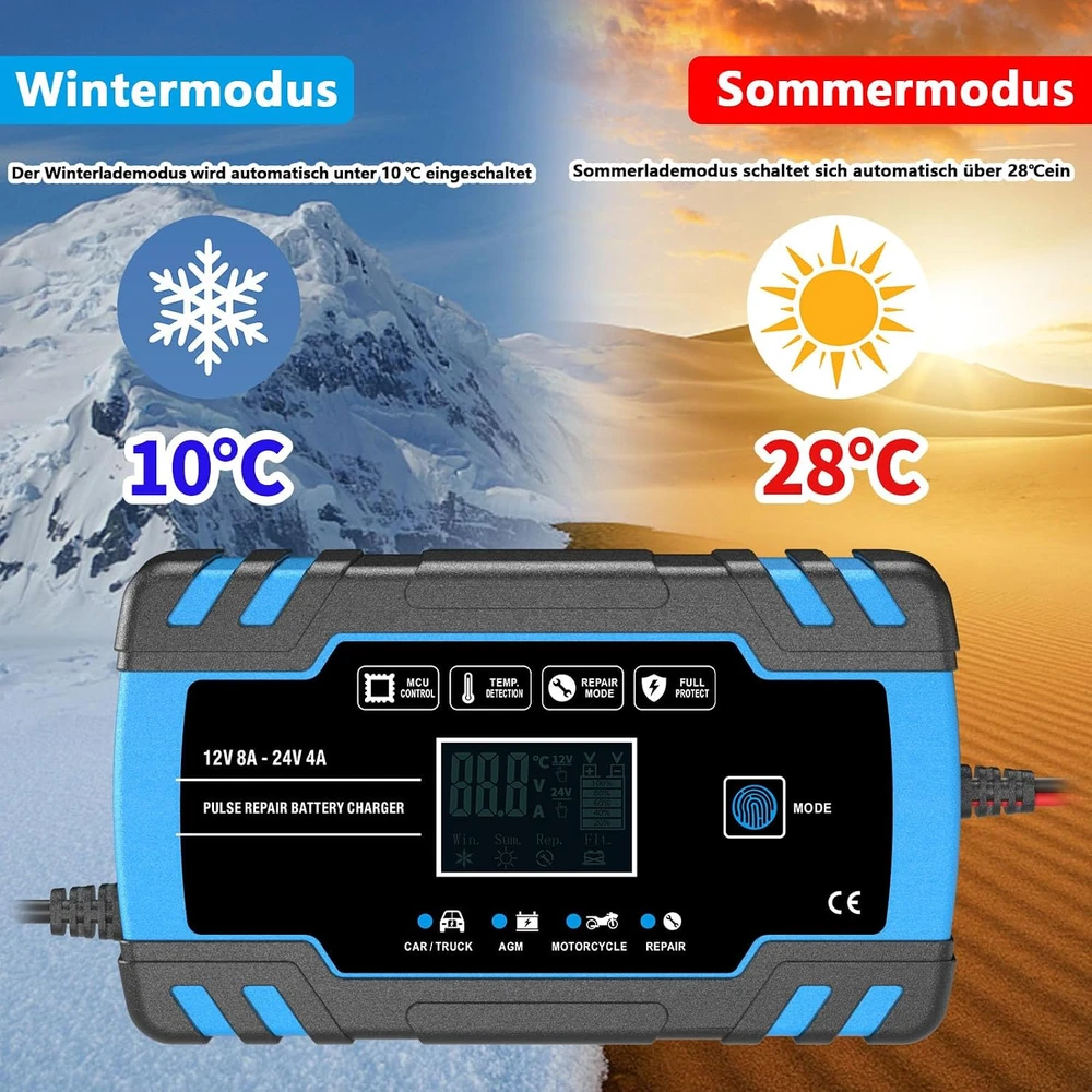 AUTOWHD akumuliatorių įkroviklis 12 V/24 V, 8 A, 3–150 Ah su LCD ekranu