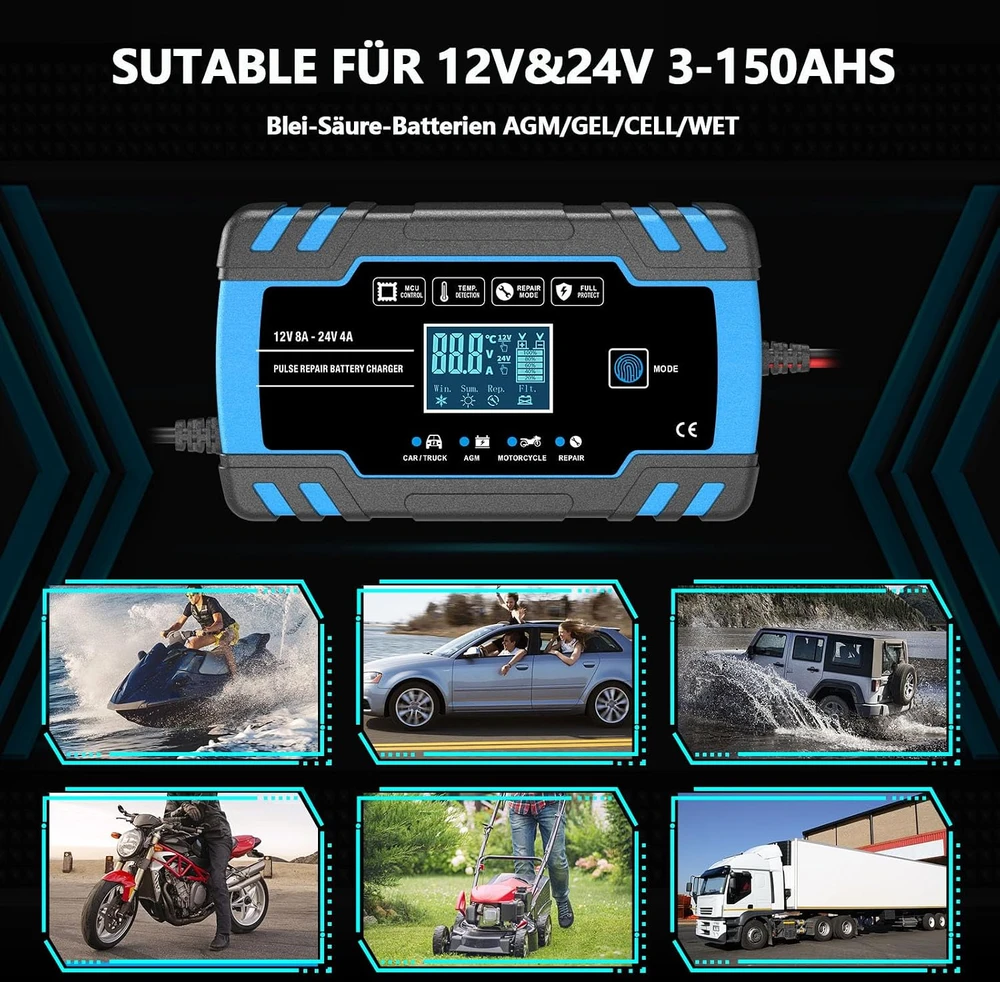 AUTOWHD akumuliatorių įkroviklis 12 V/24 V, 8 A, 3–150 Ah su LCD ekranu