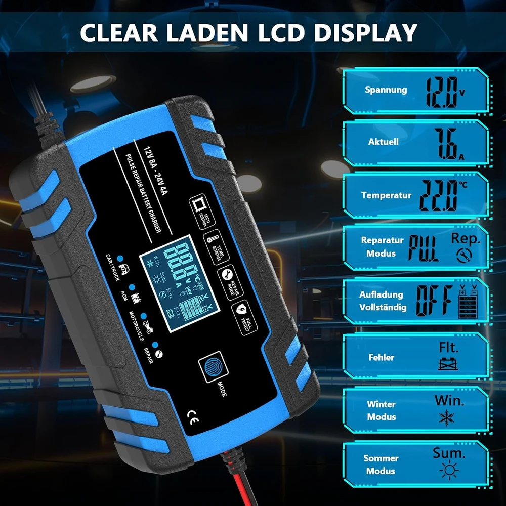 AUTOWHD akumuliatorių įkroviklis 12 V/24 V, 8 A, 3–150 Ah su LCD ekranu