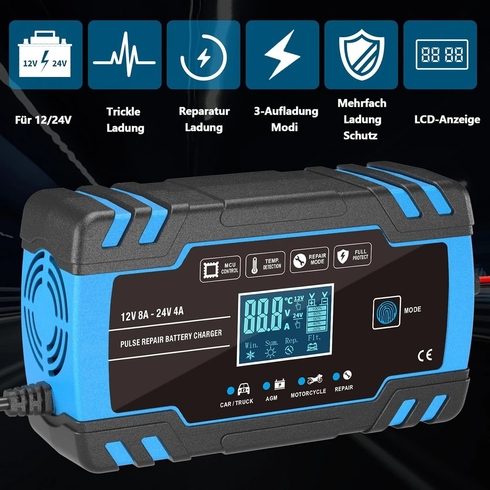 AUTOWHD akumuliatorių įkroviklis 12 V/24 V, 8 A, 3–150 Ah su LCD ekranu