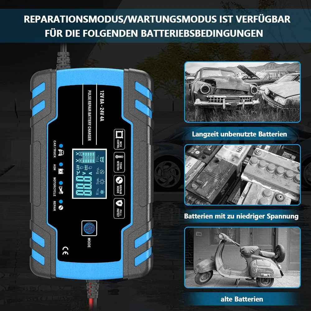 AUTOWHD akumuliatorių įkroviklis 12 V/24 V, 8 A, 3–150 Ah su LCD ekranu