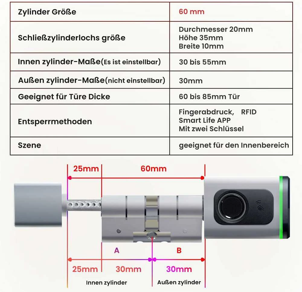 AVATTO elektroninis durų užraktas su pirštų atspaudų skaitytuvu, Bluetooth, RFID, cilindrinis, 70 mm, SDL-S1-B60