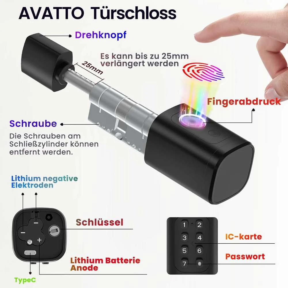 AVATTO išmanioji durų spyna su piršto atspaudu, slaptažodžiu, IC kortele ir Bluetooth valdymu, SDL-V1-B120