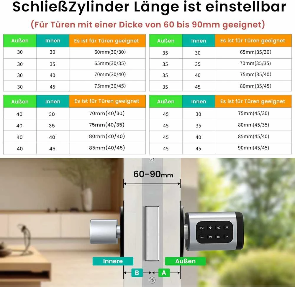AVATTO išmanusis durų užraktas su pirštų atspaudų skaitytuvu, slaptažodžiu ir IC kortele, Bluetooth, reguliuojama spyna 60-90 mm, SDL-V1-S60