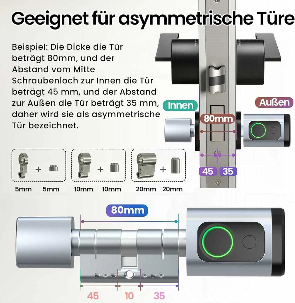 AVATTO išmanusis durų užraktas su pirštų atspaudų skaitytuvu, slaptažodžiu ir IC kortele, Bluetooth, reguliuojama spyna 60-90 mm, SDL-V1-S60