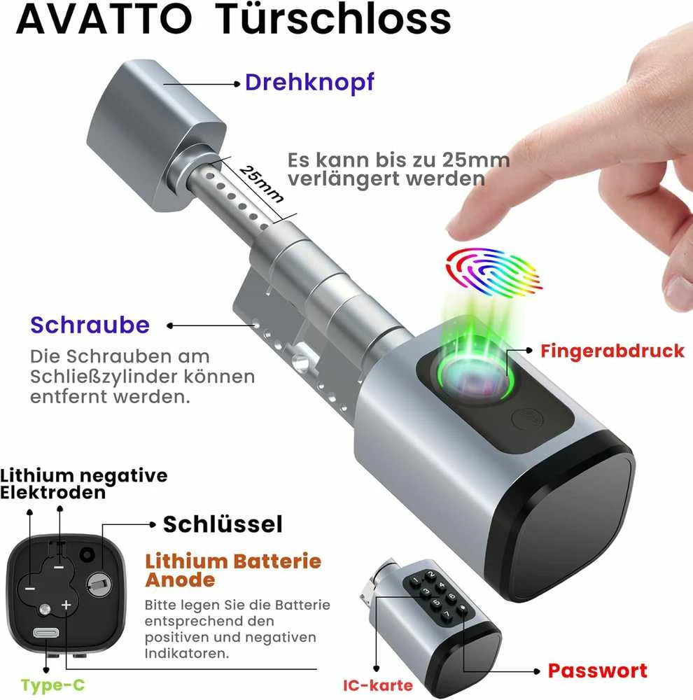 AVATTO išmanusis durų užraktas su pirštų atspaudų skaitytuvu, slaptažodžiu ir IC kortele, Bluetooth, reguliuojama spyna 60-90 mm, SDL-V1-S60
