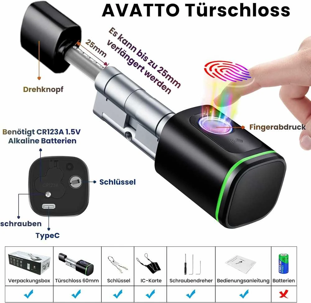 AVATTO išmanusis durų užraktas su pirštų atpažinimu, Bluetooth, Smart Life, 60 mm, SDL-S1-B60
