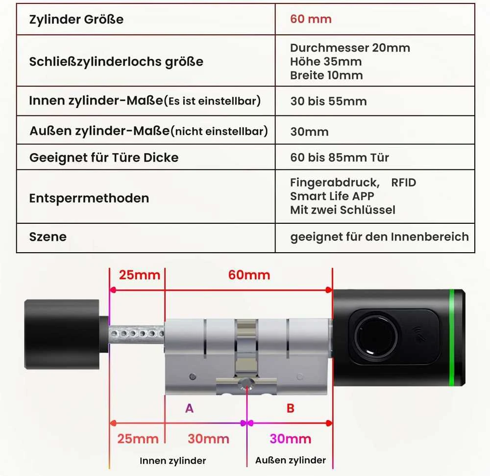 AVATTO išmanusis durų užraktas su pirštų atpažinimu, Bluetooth, Smart Life, 60 mm, SDL-S1-B60