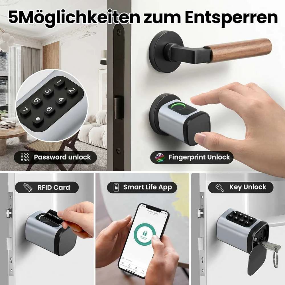 AVATTO išmanusis durų užraktas su pirštų atspaudų skaitytuvu, slaptažodžiu ir IC kortele, Bluetooth, reguliuojama spyna 60-90 mm, SDL-V1-S60