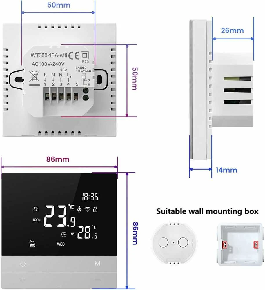 AVATTO išmanusis termostatas elektriniam grindų šildymui, Wi-Fi, programuojamas, LCD, 16 A, WT300-16 A