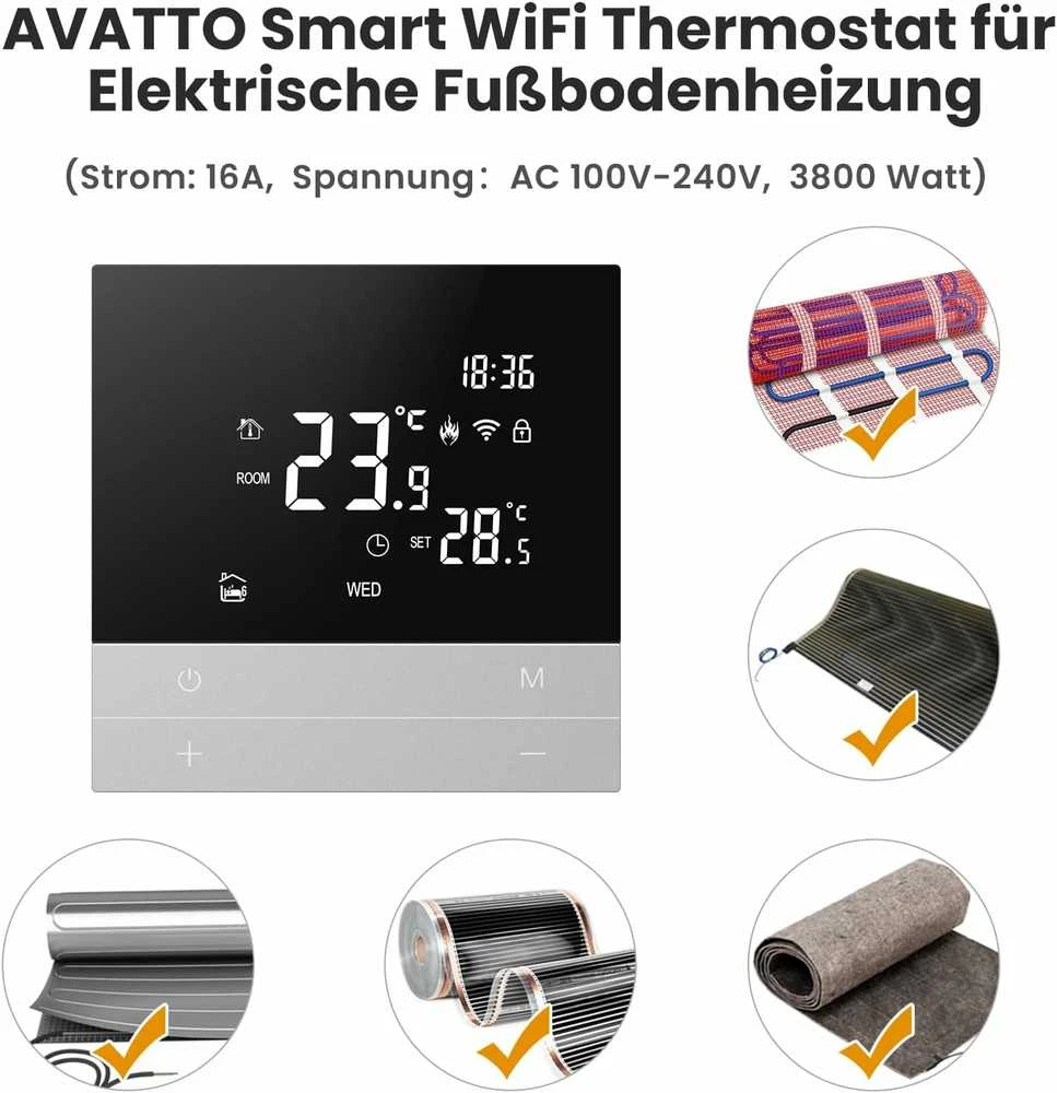 AVATTO išmanusis termostatas elektriniam grindų šildymui, Wi-Fi, programuojamas, LCD, 16 A, WT300-16 A
