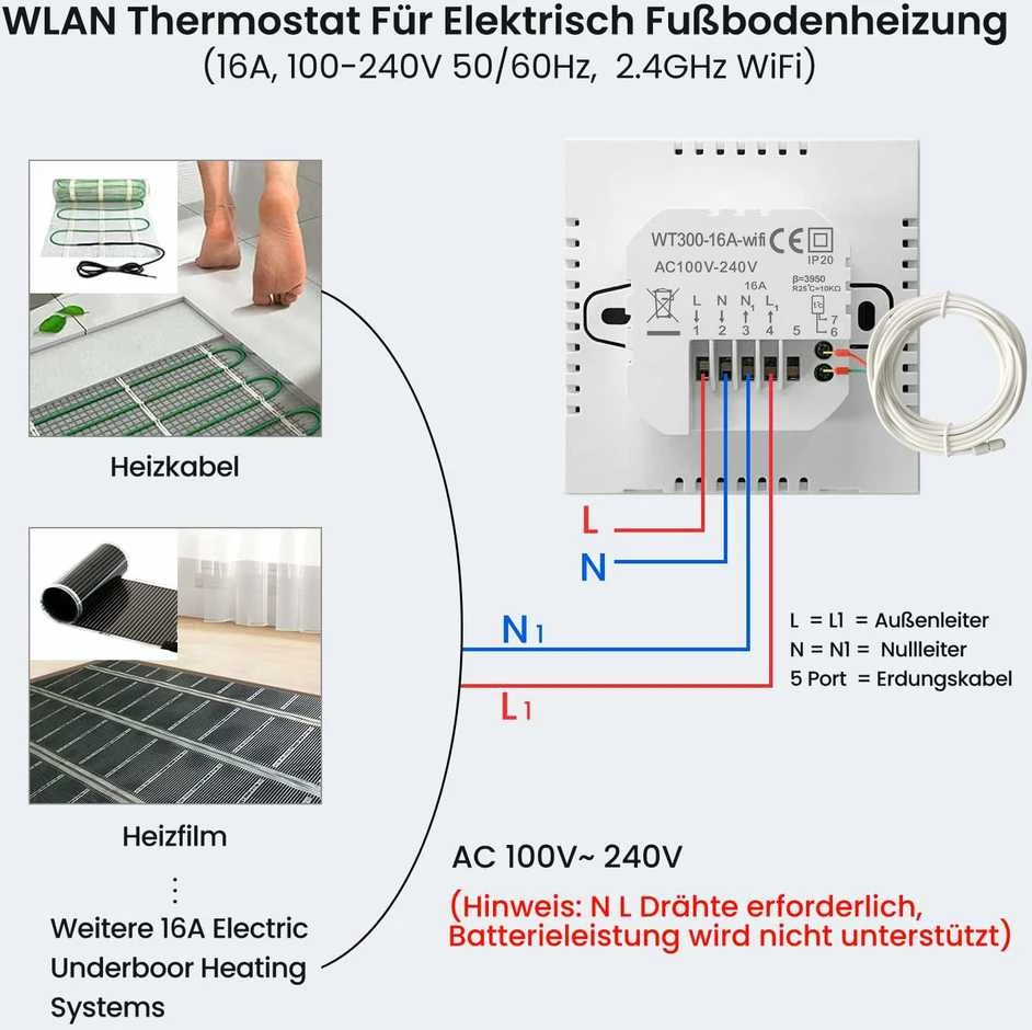 AVATTO išmanusis termostatas elektriniam grindų šildymui, Wi-Fi, programuojamas, LCD, 16 A, WT300-16 A
