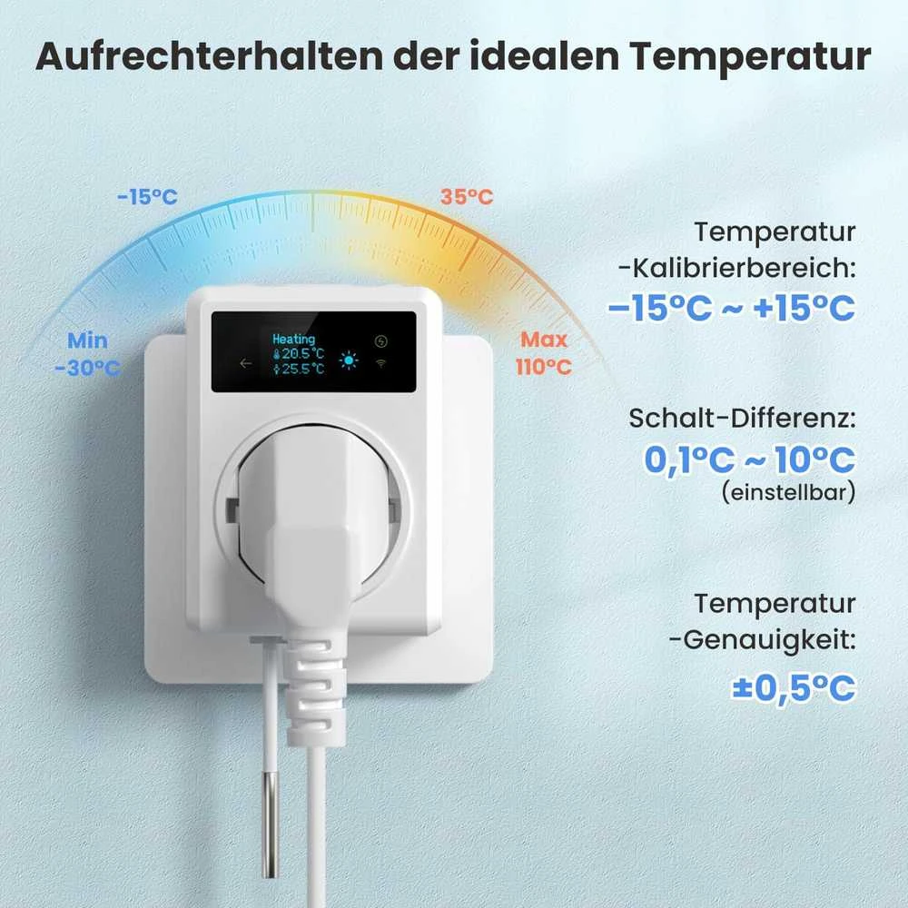 AVATTO išmanusis termostatinis elektros lizdas su Wi-Fi, temperatūros valdymas, 3860 W, suderinamas su Alexa, Google Assistant, baltas, WT580-EU