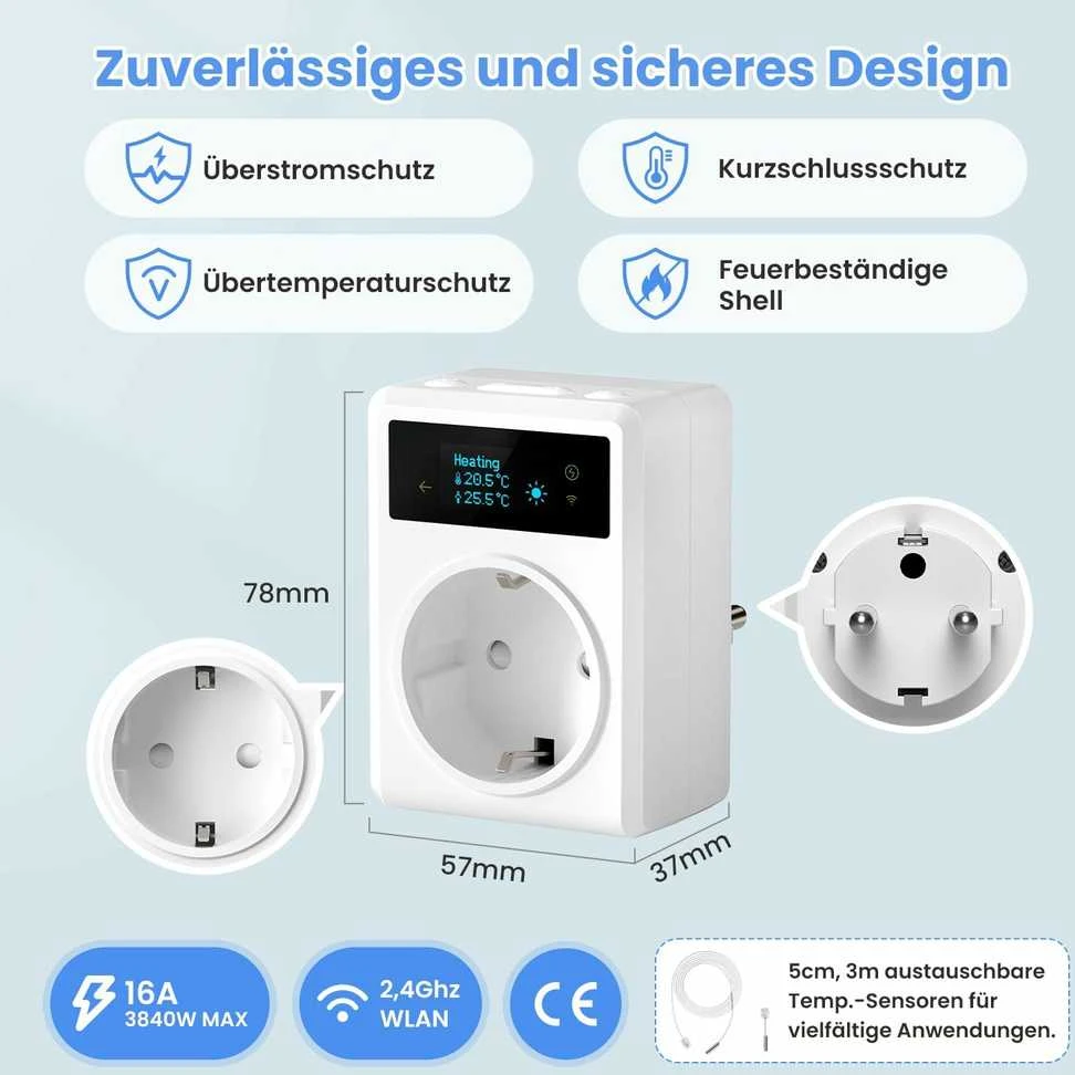 AVATTO išmanusis termostatinis elektros lizdas su Wi-Fi, temperatūros valdymas, 3860 W, suderinamas su Alexa, Google Assistant, baltas, WT580-EU