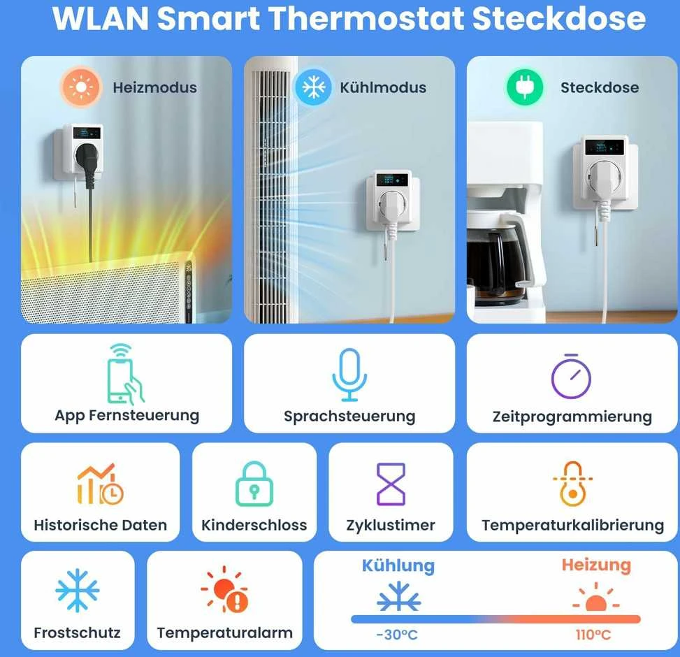 AVATTO išmanusis termostatinis elektros lizdas su Wi-Fi, temperatūros valdymas, 3860 W, suderinamas su Alexa, Google Assistant, baltas, WT580-EU