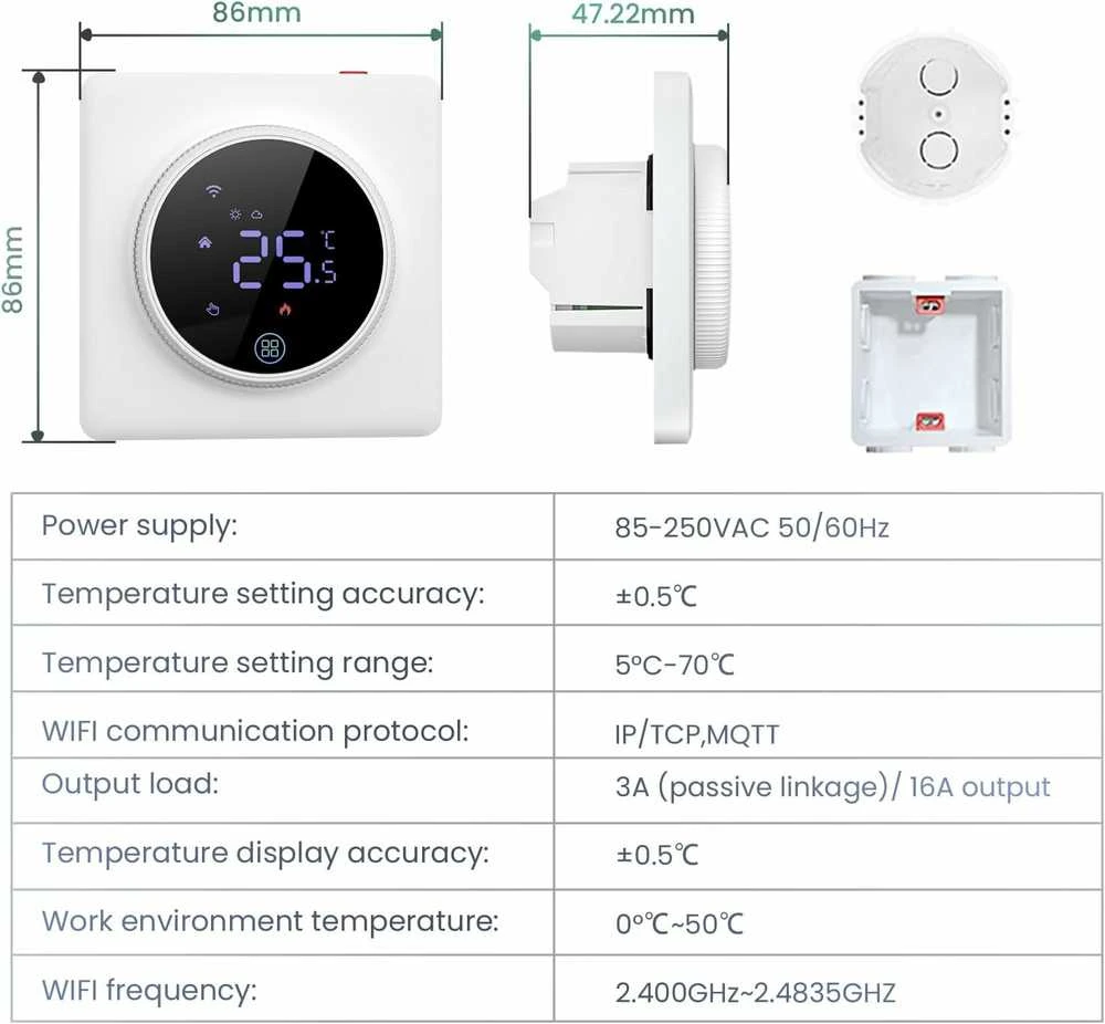 Išmanusis termostatas Avatto WT410-16A-W elektrinis šildymas 16A WiFi
