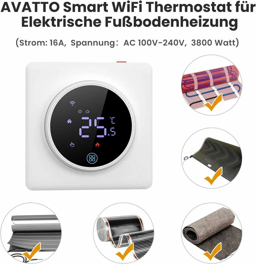 Išmanusis termostatas Avatto WT410-16A-W elektrinis šildymas 16A WiFi