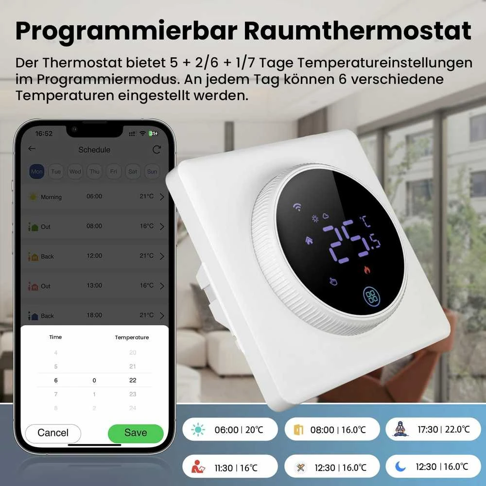 Išmanusis termostatas Avatto WT410-16A-W elektrinis šildymas 16A WiFi