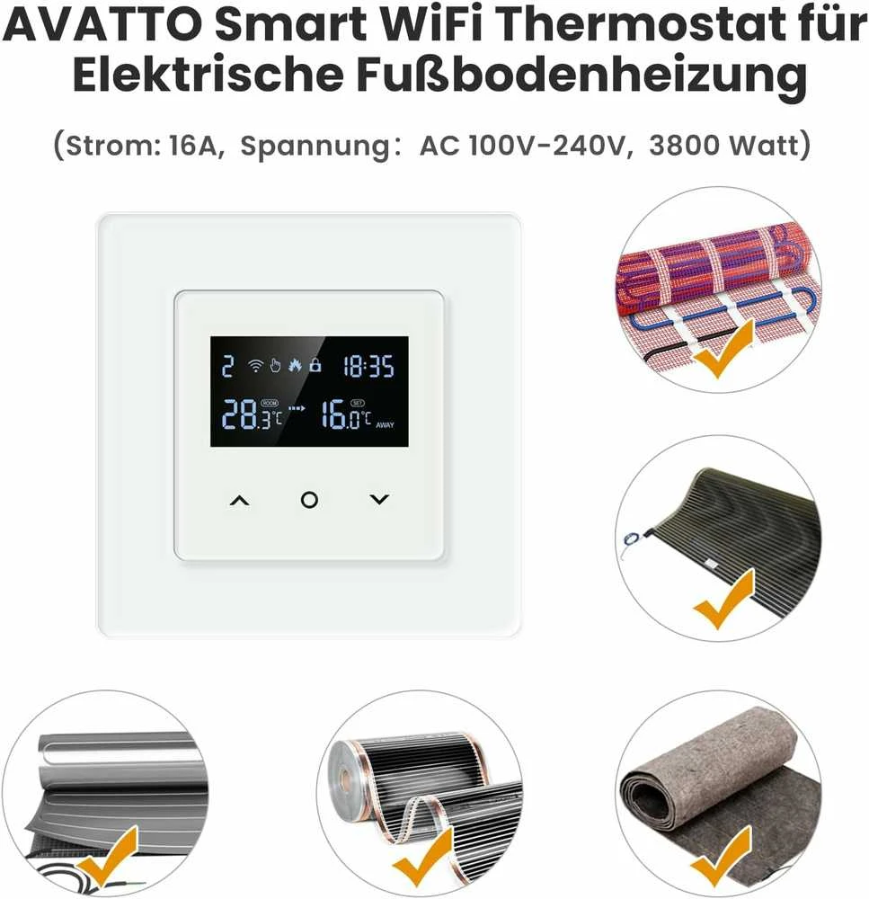 Išmanusis termostatas Avatto WT200-16A-W Elektrinis šildymas 16A WiFi TUYA