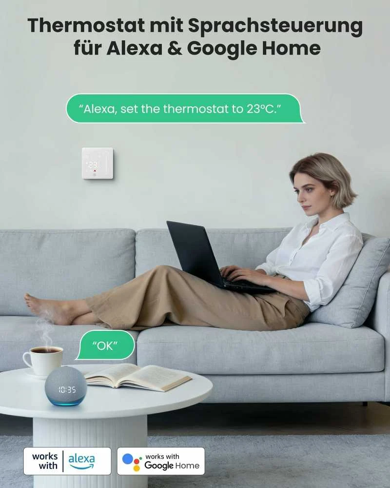 AVATTO išmanusis Wi-Fi termostatas grindų šildymui, programuojamas, Alexa, Google Home valdymas, WT420-3 A