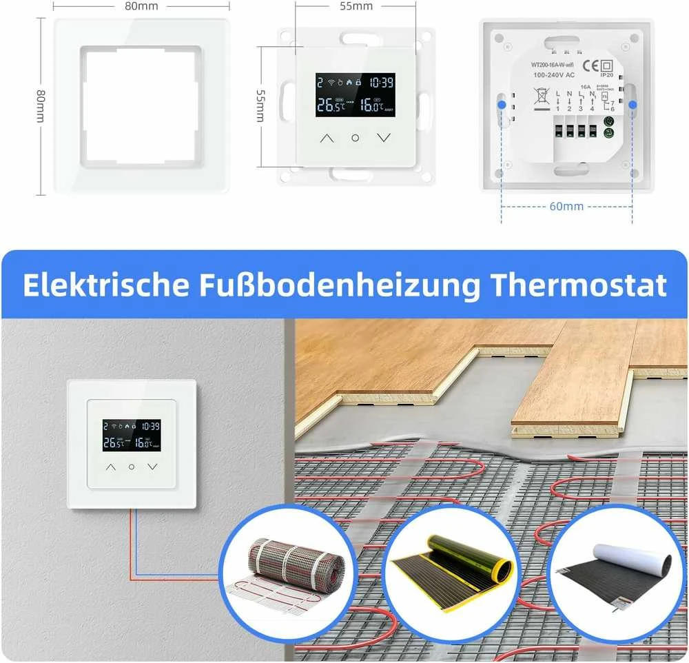 Išmanusis termostatas Avatto WT200-16A-W Elektrinis šildymas 16A WiFi TUYA
