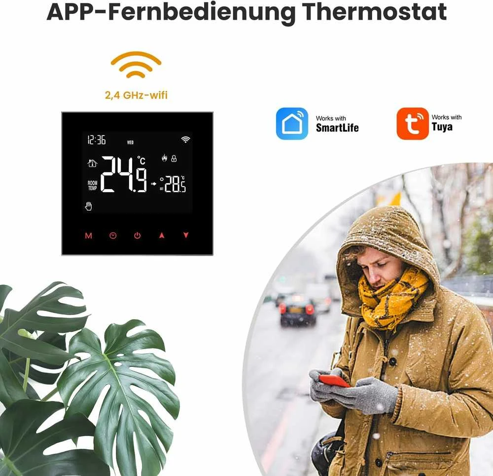 AVATTO Wi-Fi išmanusis termostatas grindų šildymui, jutiklinis ekranas, 3800 W, programavimas
