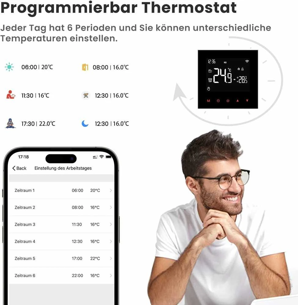 AVATTO Wi-Fi išmanusis termostatas grindų šildymui, jutiklinis ekranas, 3800 W, programavimas