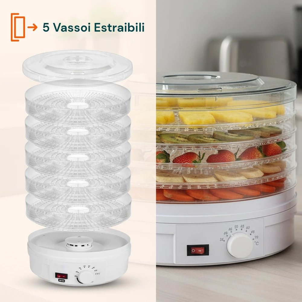 Avilia maisto džiovyklė su 5 padėklais, reguliuojama 35–70 °C temperatūra, plastikinė