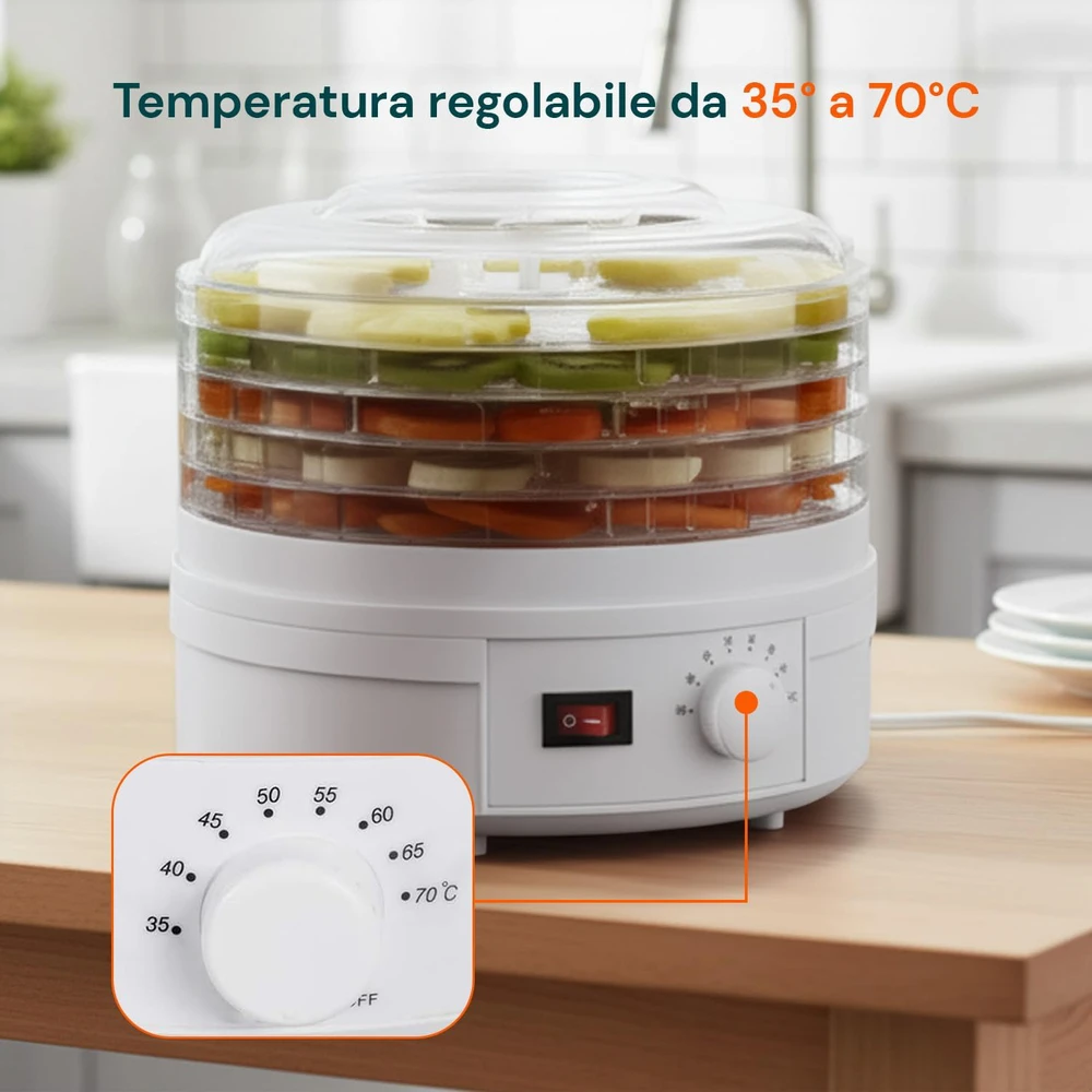 Avilia maisto džiovyklė su 5 padėklais, reguliuojama 35–70 °C temperatūra, plastikinė