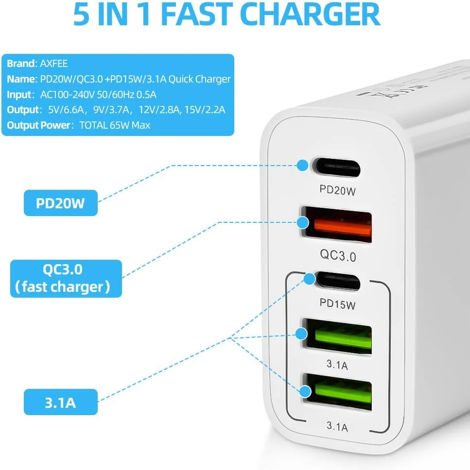AXFEE USB kroviklis 65 W, 5 jungtys (2 x USB-C PD, 3 x USB QC3.0), greitasis įkrovimas, modelis KeKe-F002
