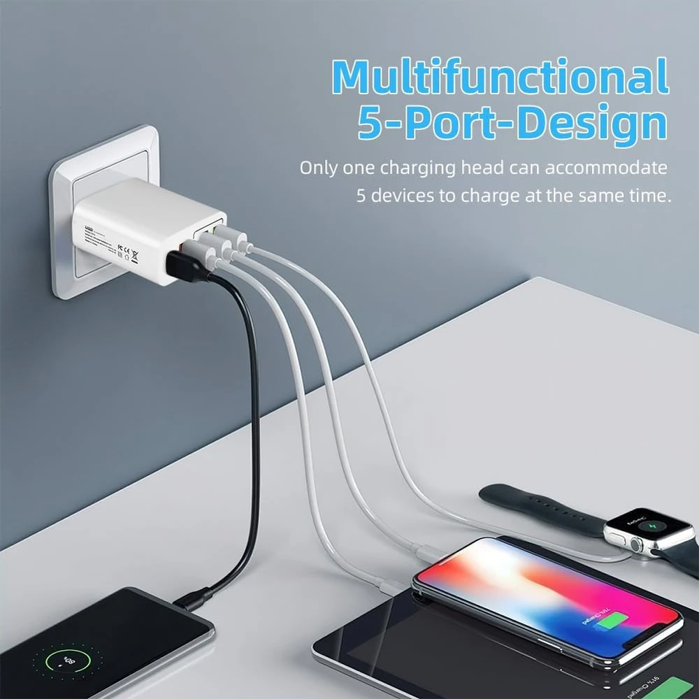 AXFEE USB kroviklis 65 W, 5 jungtys (2 x USB-C PD, 3 x USB QC3.0), greitasis įkrovimas, modelis KeKe-F002