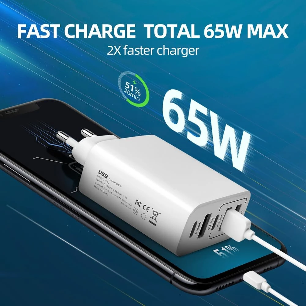 AXFEE USB kroviklis 65 W, 5 jungtys (2 x USB-C PD, 3 x USB QC3.0), greitasis įkrovimas, modelis KeKe-F002