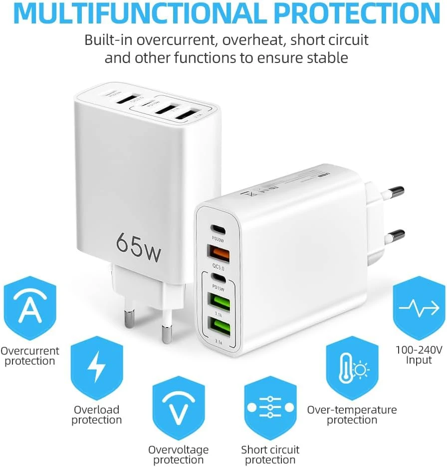 AXFEE USB kroviklis 65 W, 5 jungtys (2 x USB-C PD, 3 x USB QC3.0), greitasis įkrovimas, modelis KeKe-F002
