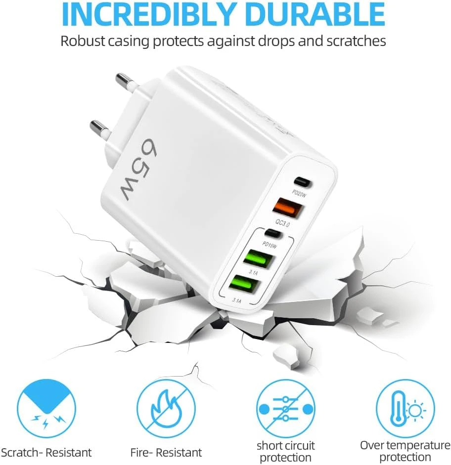 AXFEE USB kroviklis 65 W, 5 jungtys (2 x USB-C PD, 3 x USB QC3.0), greitasis įkrovimas, modelis KeKe-F002