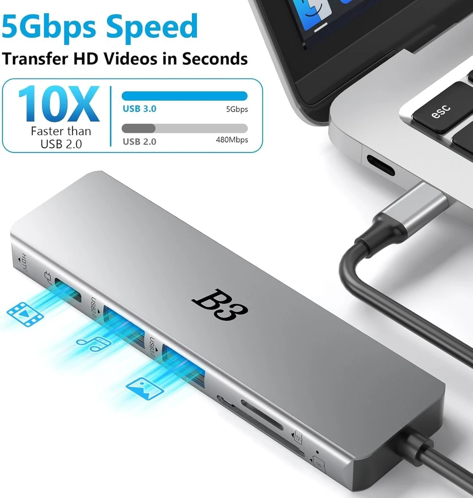B3 BIGTHREE USB-C šakotuvas 6 viename su 4K HDMI, 55 W PD ir SD/TF kortelių skaitytuvu TC059