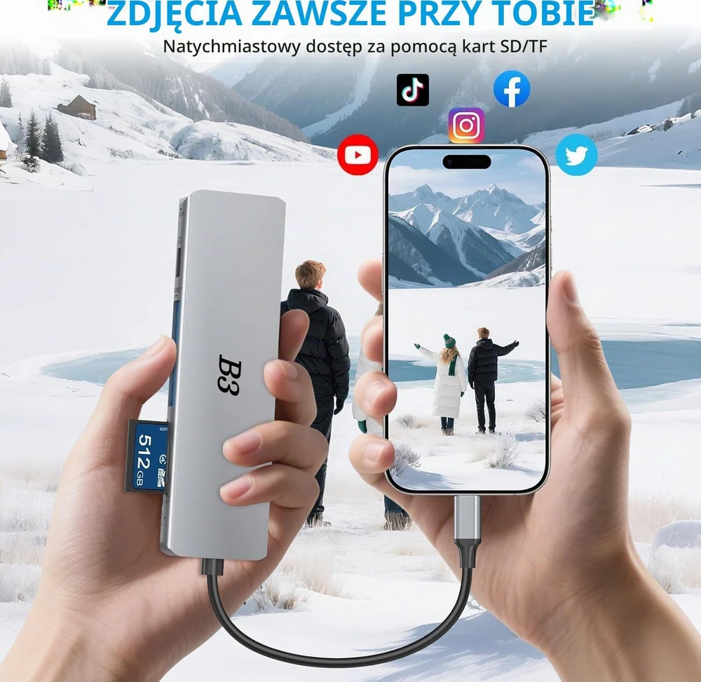 B3 BIGTHREE USB-C šakotuvas 6 viename su 4K HDMI, 55 W PD ir SD/TF kortelių skaitytuvu TC059
