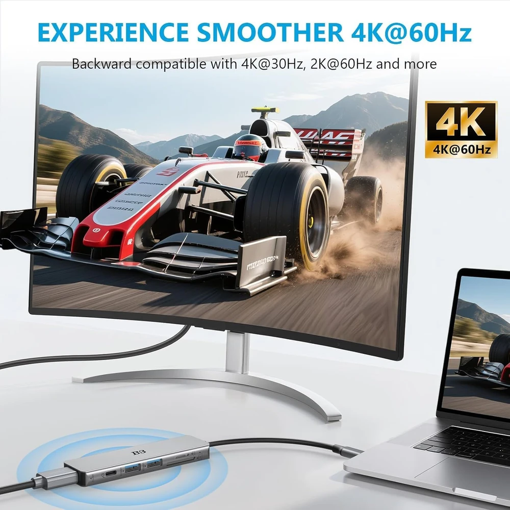 B3 BIGTHREE USB-C šakotuvas 6 viename su 4K HDMI, 55 W PD ir SD/TF kortelių skaitytuvu TC059