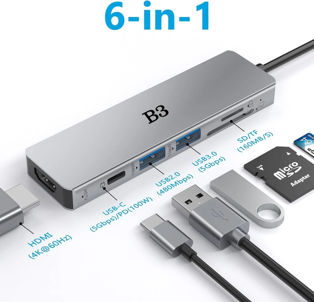 B3 BIGTHREE USB-C šakotuvas 6 viename su 4K HDMI, 55 W PD ir SD/TF kortelių skaitytuvu TC059