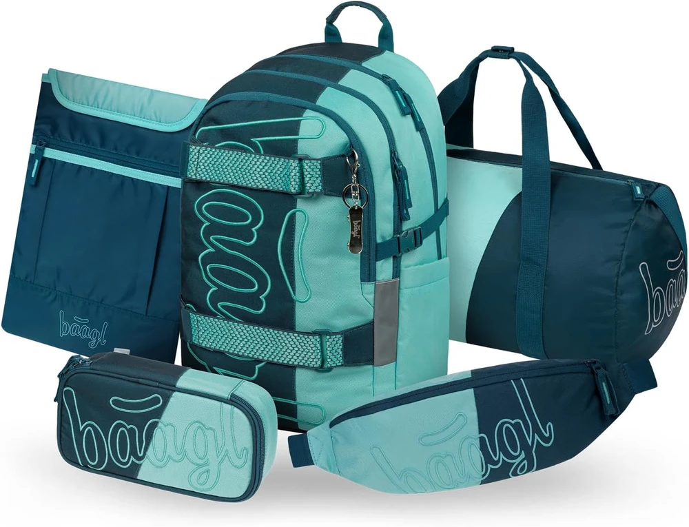 Baagl ergonominis 5 dalių mokyklinių kuprinių rinkinys su riedlentės laikikliu, 25 l, juodas, A-36468