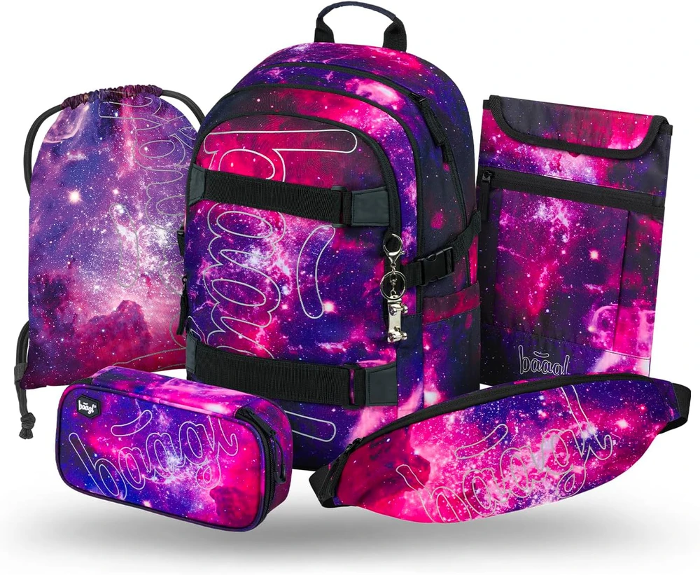 Baagl mokyklinės kuprinės rinkinys su riedlentės laikikliu, ergonomiškas, 25 l, Galaxy, A-36540