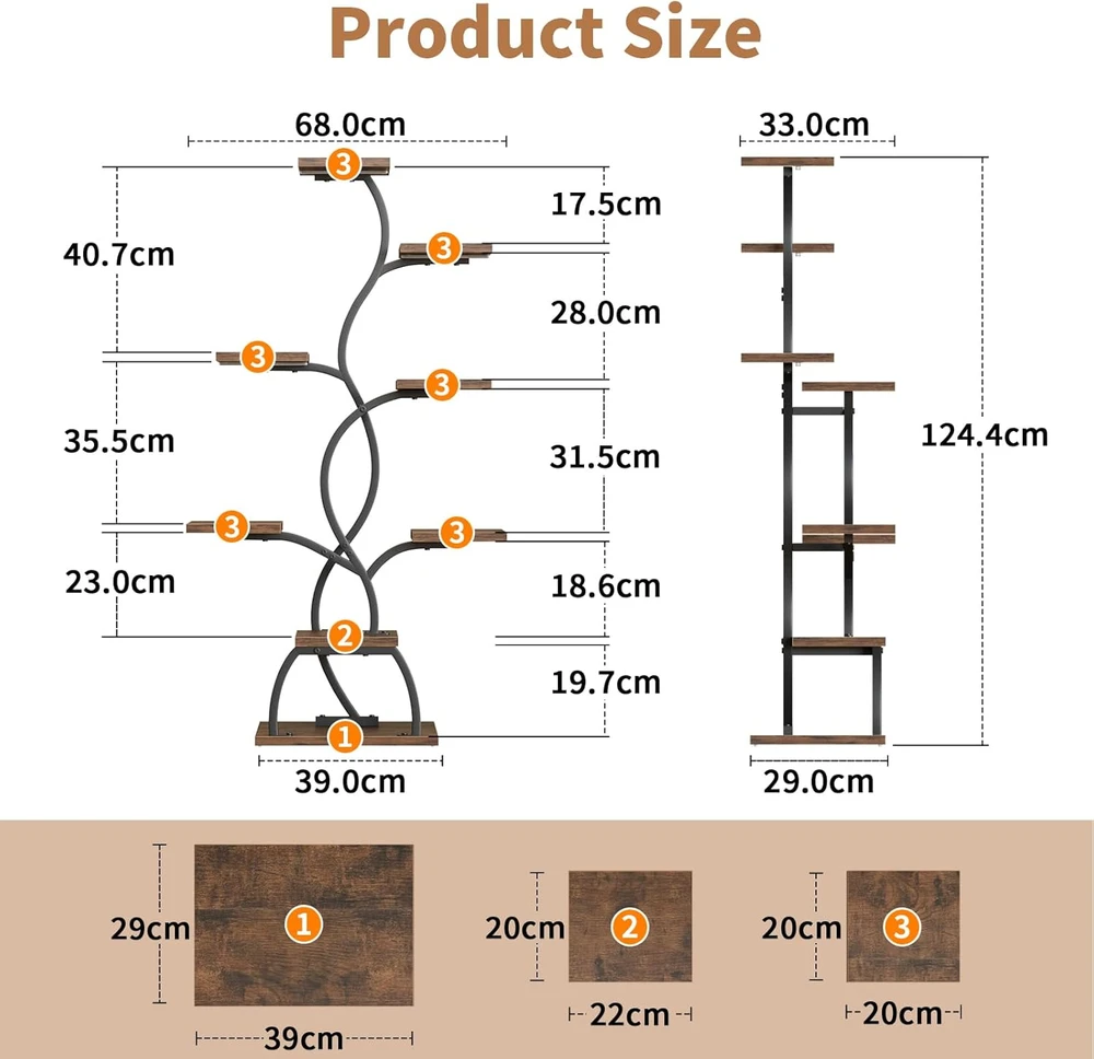 Bacekoll augalų stovas su apšvietimu, 8 lygių, metalinis, 125 cm, juodas, vidaus ir lauko