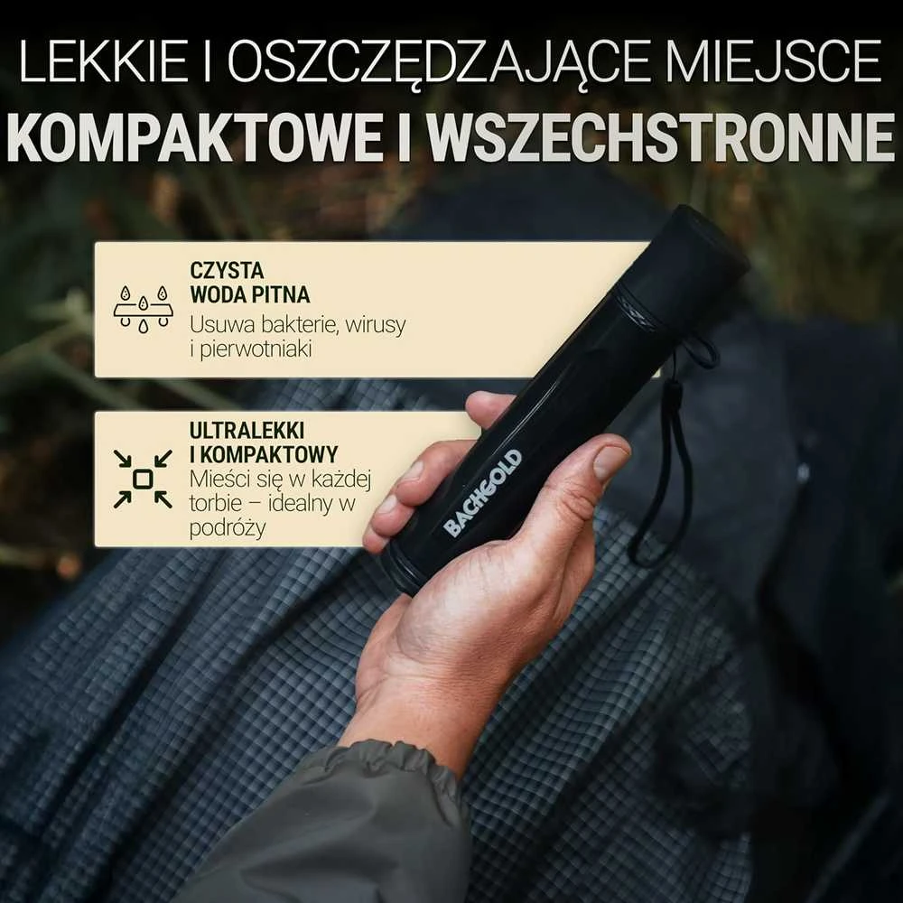BACHGOLD geriamojo vandens filtravimo šiaudelis – 500 l, ultralengvas, 70 cm žarna, ABS korpusas, 100114