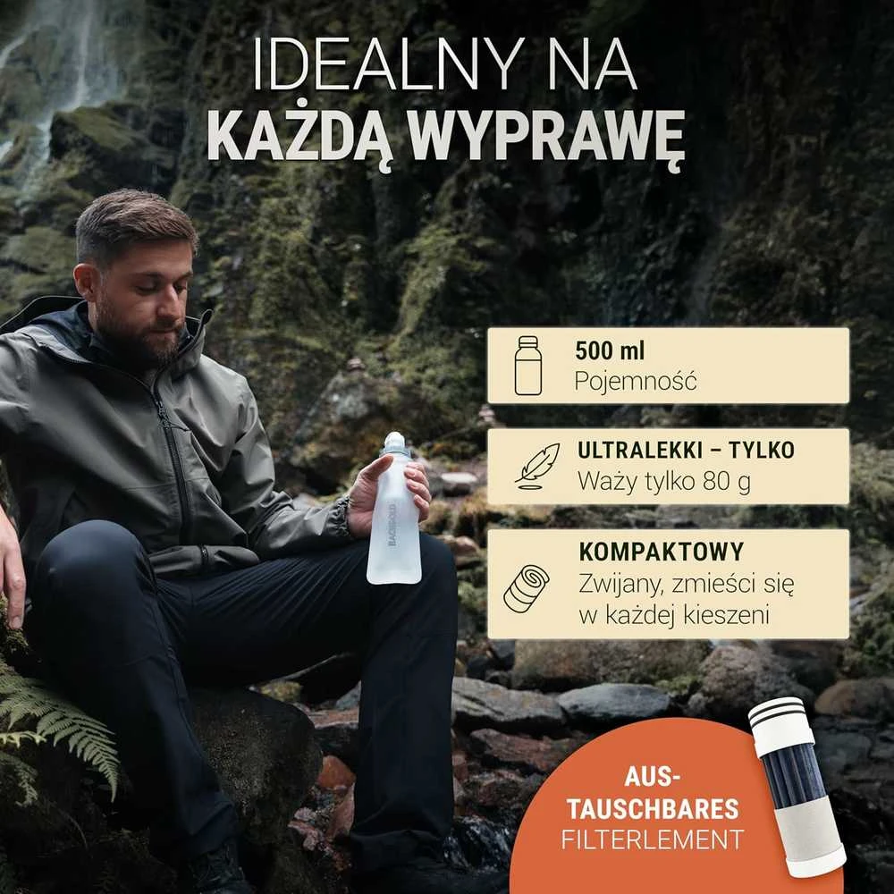BACHGOLD vandens filtruojanti spaudžiama gertuvė, 500 ml, ultrafiltravimas, lengva, 100108