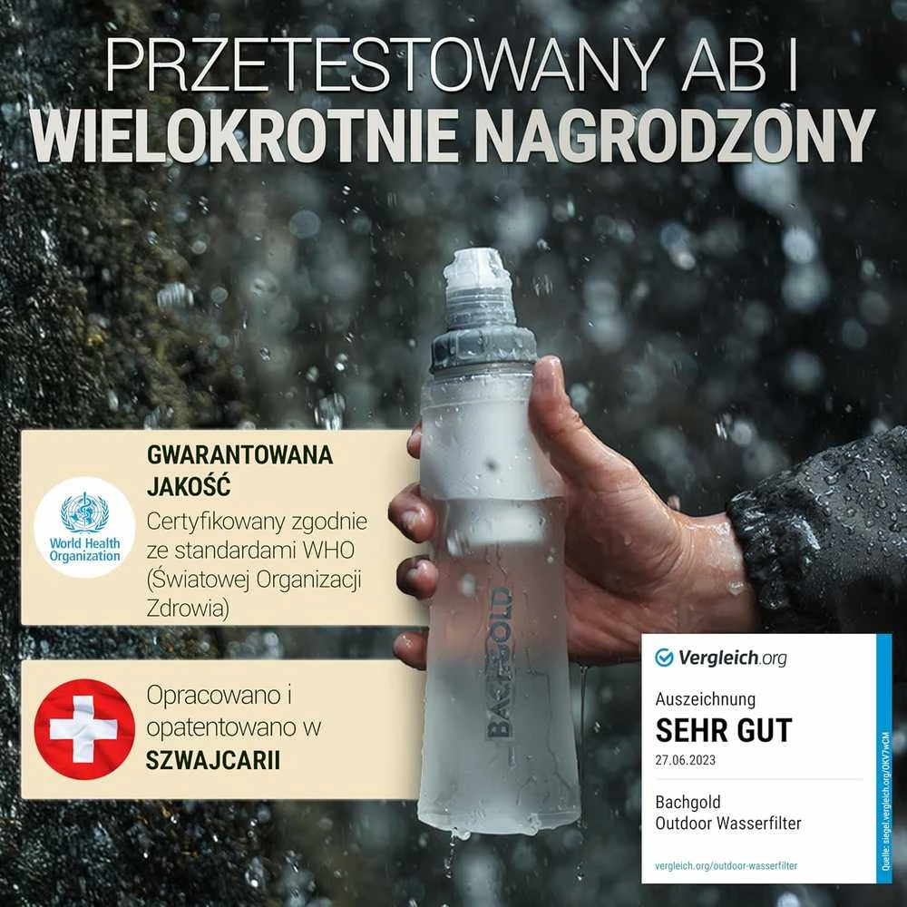 BACHGOLD vandens filtruojanti spaudžiama gertuvė, 500 ml, ultrafiltravimas, lengva, 100108