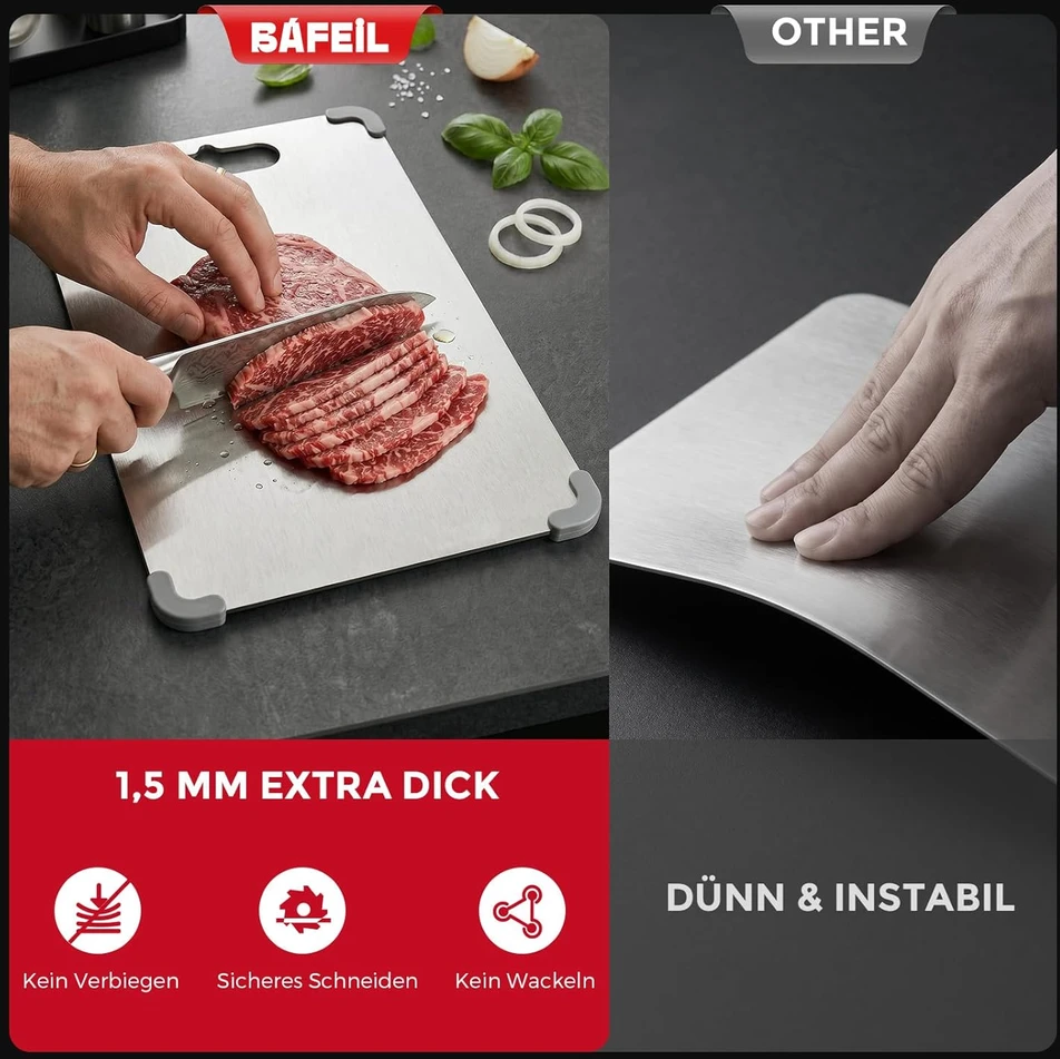 Bafeil nerūdijančio plieno pjaustymo lentelė, 1,5 mm, su silikonine kraštine, 3 dalių rinkinys