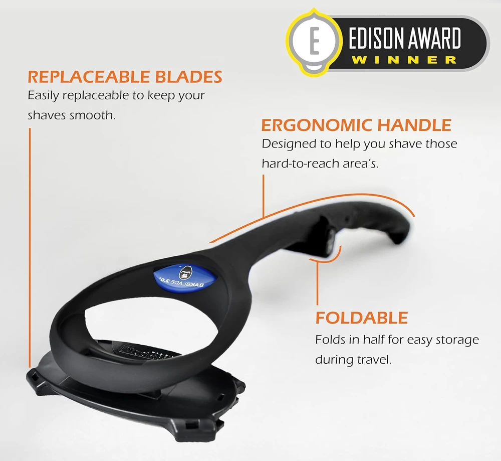 BakBlade vyriška kūno ir nugaros skustuvė, ergonomiška, keičiamų peiliukų, 2.0 Plus