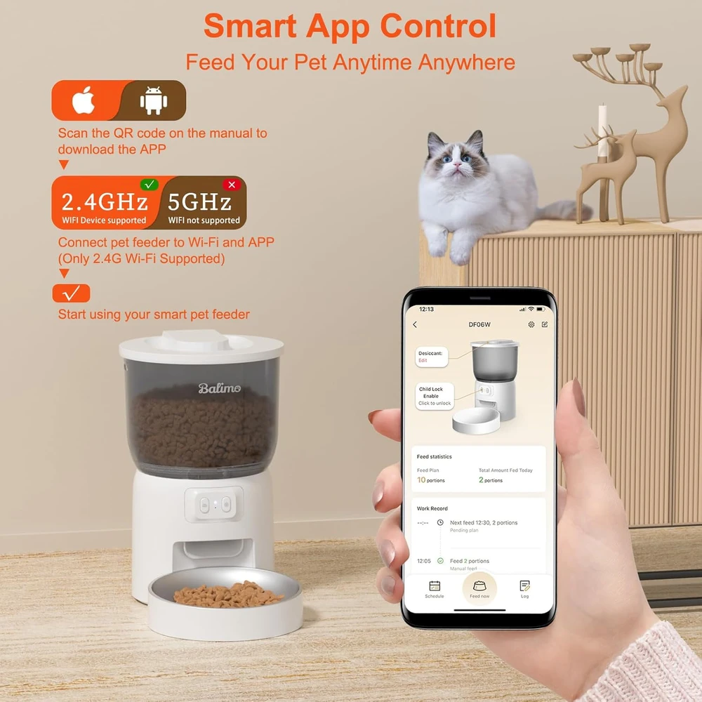 Balimo automatinis kačių maisto dozatorius su Wi-Fi, 3 l talpa, nerūdijančio plieno 304 dubuo, DU-F06W