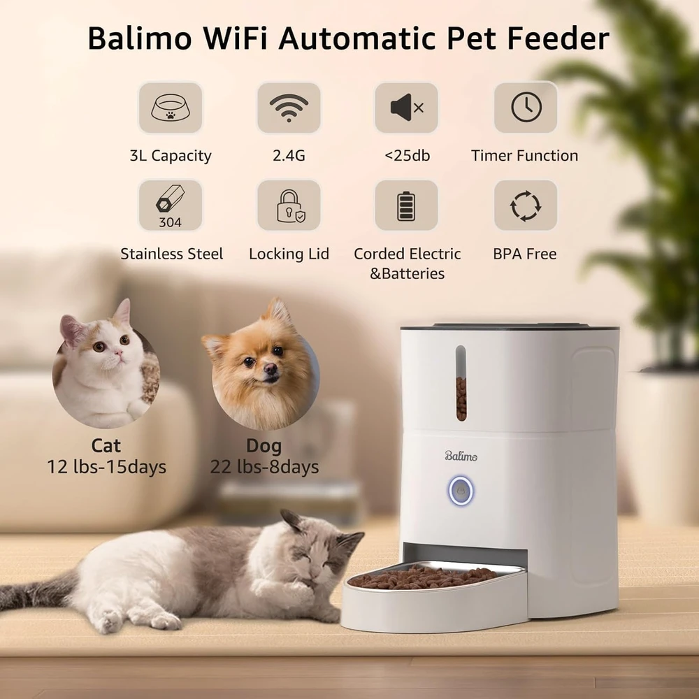 Balimo automatinis lesintuvas katėms, 3 l talpa, valdymas per Wi-Fi programėlę, baltas