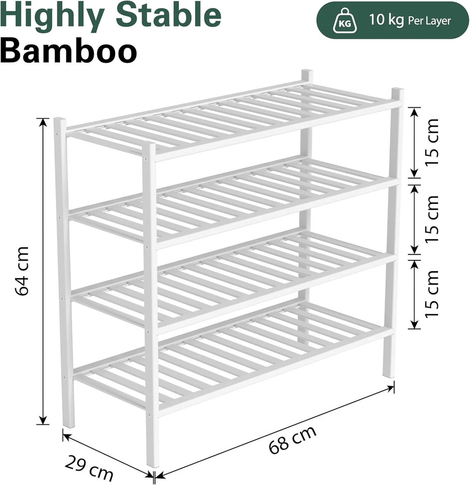 BAM BOO BOX 4 aukštų batų lentyna iš bambuko, 68x28x64 cm, balta, P18W4