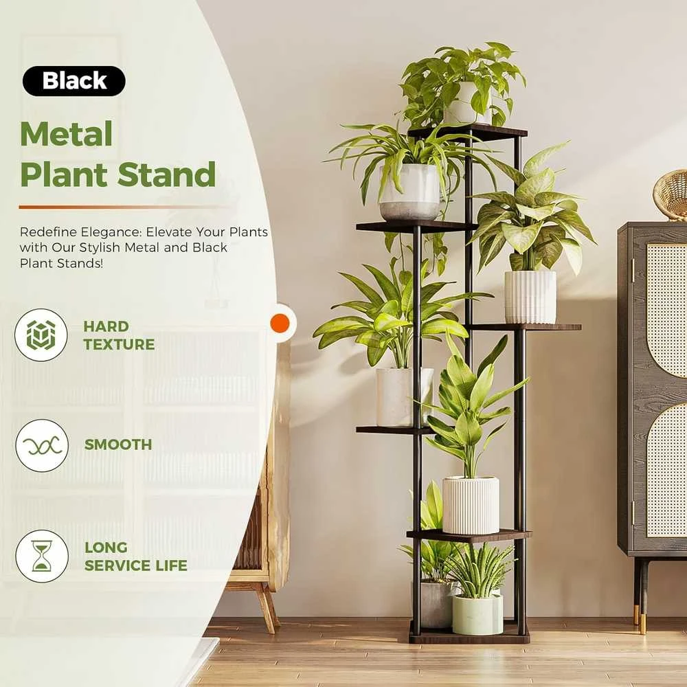 Bamworld 6 lygių kampinis metalinis ir medinis gėlių stovas, rudas, vidaus ir lauko naudojimui
